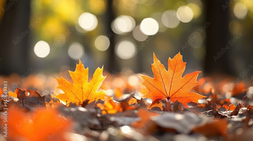 Poster orange maple leaves on the ground with a bokeh effect defocused background
