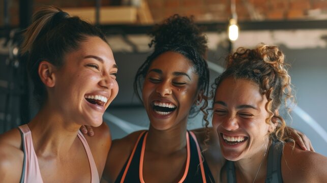 Group of three young, diverse female athletes celebrate their healthy and active lifestyle in a sports studio, smiling and laughing together while wearing sporty fitness clothes