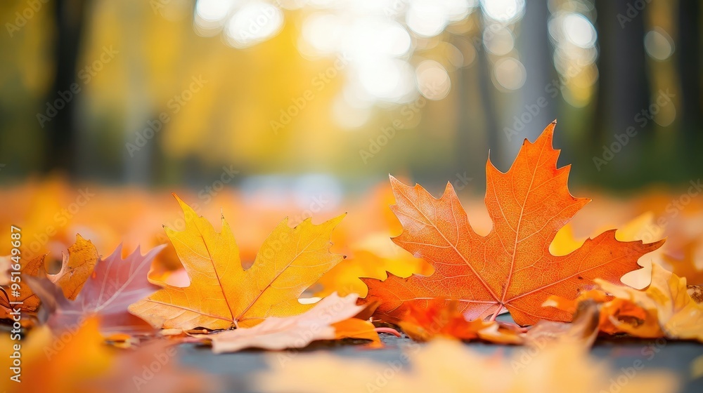 Poster orange maple leaves on the ground with a bokeh effect defocused background