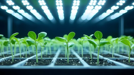 Seedlings Thriving in Hydroponic Tray Under Bright LED Lights for Sustainable Indoor Farming