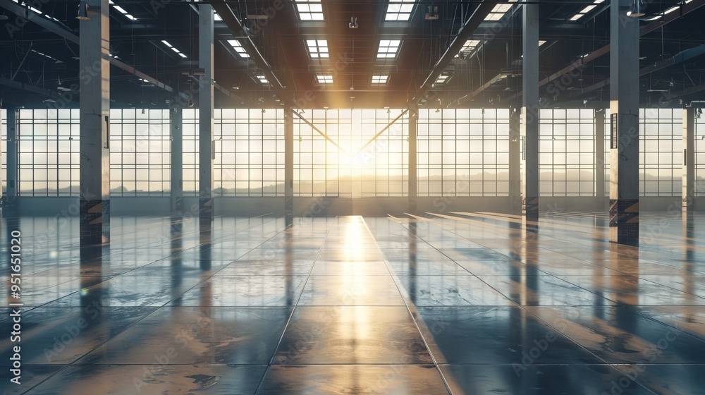 Aufkleber a large, empty building with a sun shining through the windows