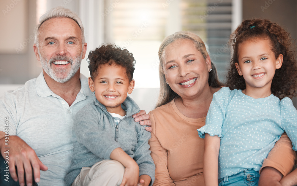 Wall mural Happy, portrait and grandparents with children on sofa in home for family, connection and bonding. Love, siblings and senior people with kids for relax in living room with security and care in house.