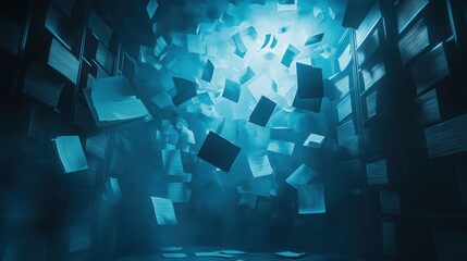 Blue Light and Bookshelves Filled with Stacked Books With Papers Flying in Mid-Air