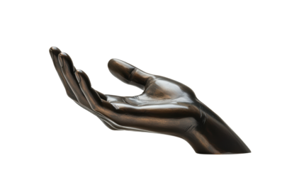 Polished bronze hand sculpture depicted in a gesture pose. This art piece showcases smooth, refined details, highlighting the elegance of the human hand. Isolated on transparent background, png.