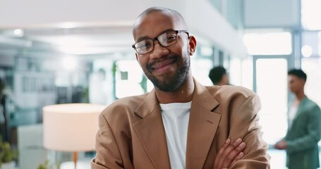Business, man and smile with arms crossed in office for career pride, startup confidence and laughing. Creative media agency, African employee and happy with portrait at professional coworking job