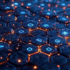 Obraz premium Abstract Futuristic Hexagon Grid with Glowing Orange and Blue Lights - 3D Render.