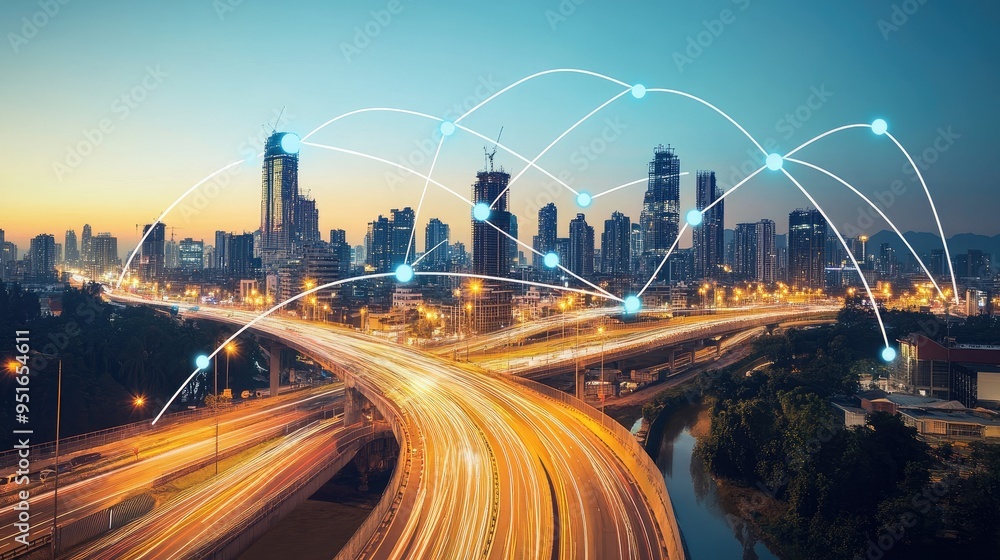 Wall mural smart city and network connection concept