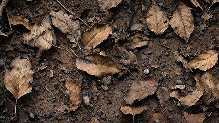 A close-up shot of dry, brown leaves scattered on a dirt ground.