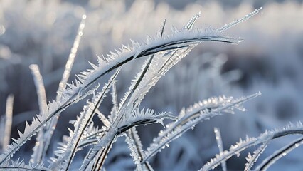Fototapeta premium A close-up shot of frost-covered grass blades against a blurry background.