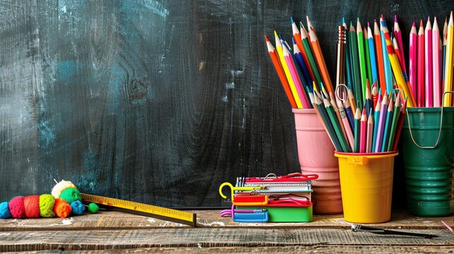 07231249 201. An array of colorful school supplies neatly arranged on a rustic wooden table, featuring pencils, notebooks, and rulers, with a clean chalkboard wall in the background, offering ample - Powered by Adobe