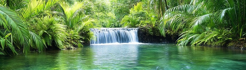 Waterfall in a tropical rainforest jungle, framed by exotic plants and rich foliage, creating a vibrant and lively scene