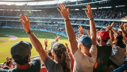 Several Spectators with Hands Raised Celebrating in the Stands at a Cricket Match