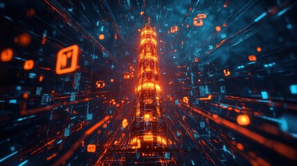 Fototapeta premium Futuristic Cityscape with Glowing Tower and Digital Data Stream - Cyberpunk Art.