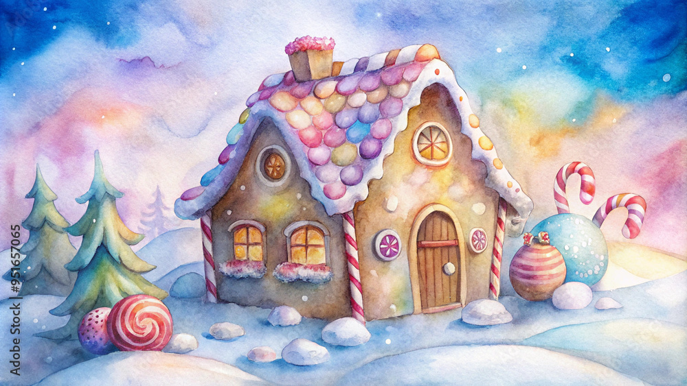 Wall mural Whimsical gingerbread house with colorful candy decorations in a wintry landscape