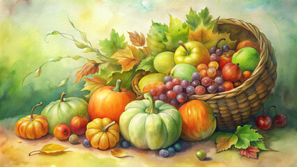 Colorful autumn harvest basket filled with various fruits and pumpkins surrounded by leaves
