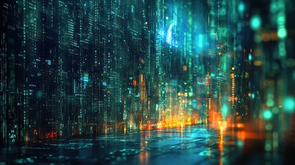 Naklejka premium Futuristic Cityscape with Neon Lights and Digital Code.