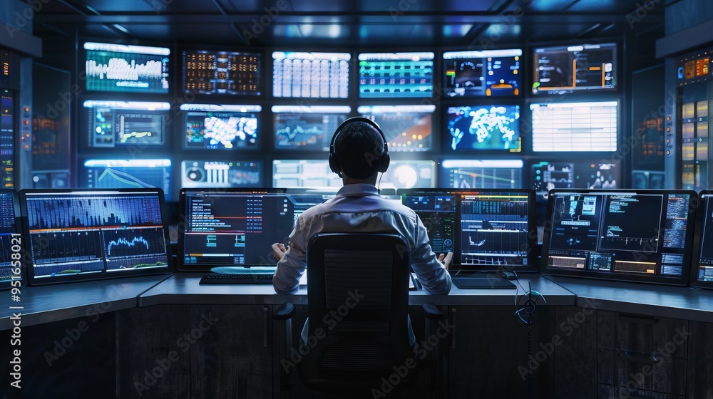 Aufkleber A man is sitting in front of a computer monitor with many screens