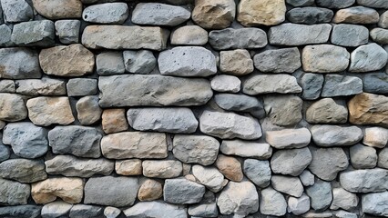 Obraz premium A close-up view of a rustic stone wall, featuring a variety of irregularly shaped stones. The stones are a mixture of grey, brown and beige.