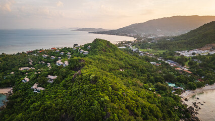 Aerial sunset view of Koh Samui island in the gulf of Thailand famous dreamy travel holiday destination in south east asia 