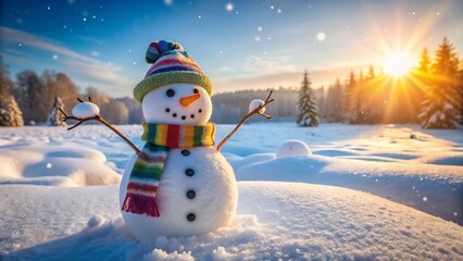 Cheerful snowman with colorful scarf in winter wonderland