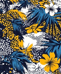 Naklejka premium A vibrant floral pattern featuring tropical plants and flowers in blue, yellow, and white.