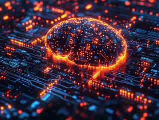 3D Rendering of a Digital Brain on a Circuit Board - AI, Machine Learning, Technology Concept.