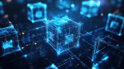 Abstract Blue Digital Cubes Futuristic Technology Background.