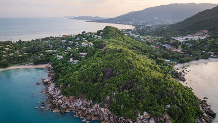 Cinematic drone showcasing the stunning landscape of Koh Samui, Thailand, Asia, at dusk, where the...