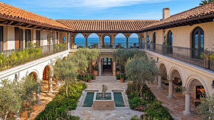 Fototapeta premium A luxurious courtyard featuring Mediterranean-style architecture and lush greenery.