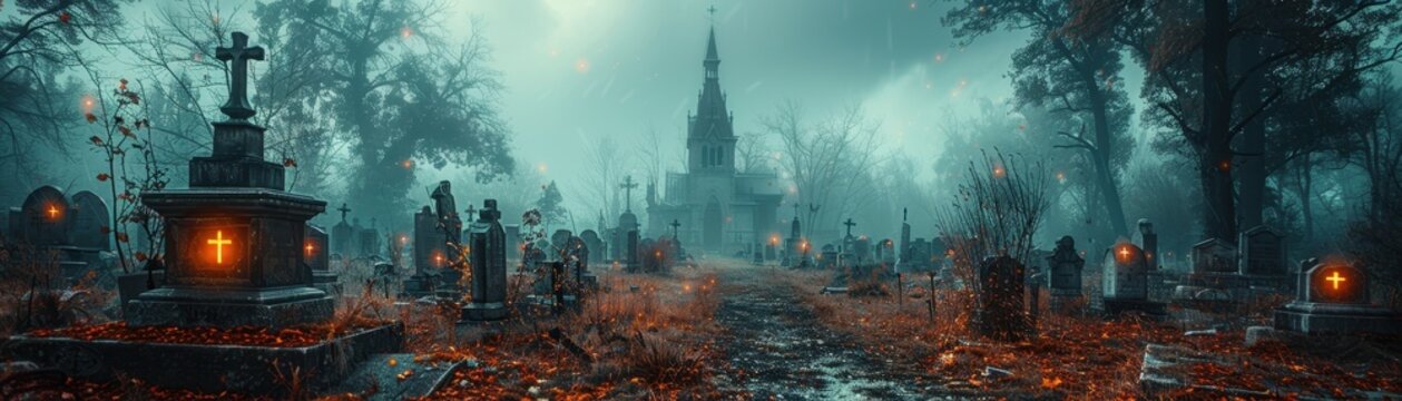 Eerie cemetery at twilight, shrouded in mist. Spooky tombstones and glowing lanterns create a haunting atmosphere.