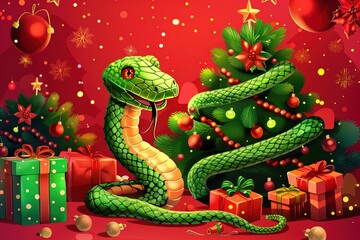 Fototapeta premium Fantasy cute green snake with Christmas gifts near Christmas tree on red background, great design postcard on holiday background. New Year 2025 art illustration. Cartoon snake