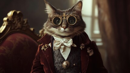 A Cat Dressed in Victorian-Era Attire