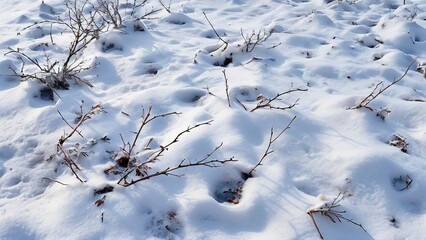 A close-up view of snow-covered ground with bare branches and small shrubs protruding from the white surface. The snow is pristine and glistening, creating a stark and minimalist landscape.