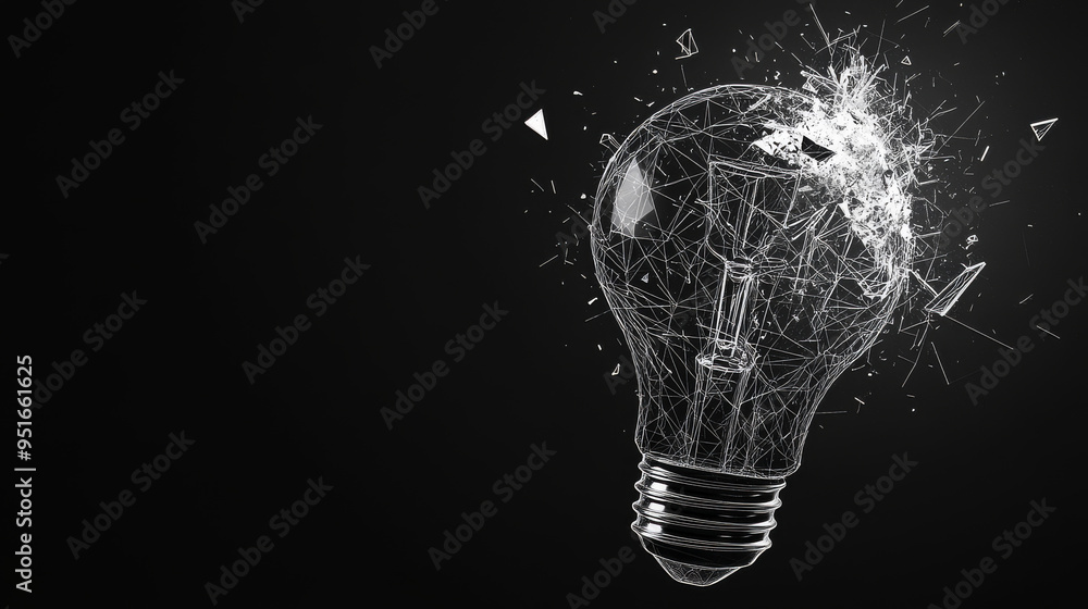 Poster digital light bulb at the moment of destruction, depicted with abstract polygons, lines, and transpa