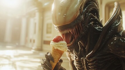 Alien creature enjoying an ice cream cone in a futuristic setting