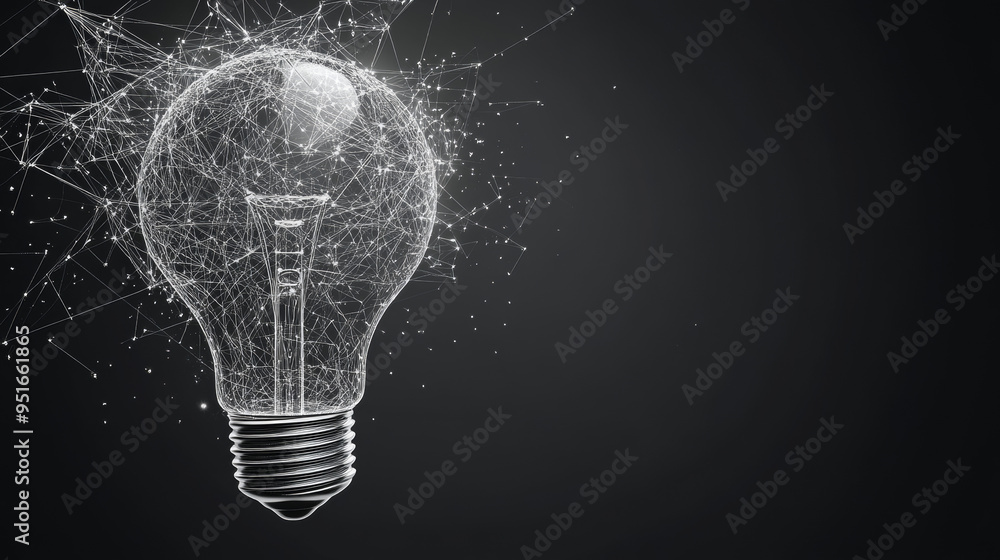 Poster digital light bulb at the moment of destruction, depicted with abstract polygons, lines, and transpa