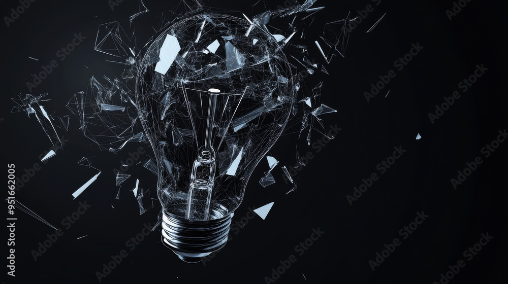 Poster digital light bulb at the moment of destruction, depicted with abstract polygons, lines, and transpa