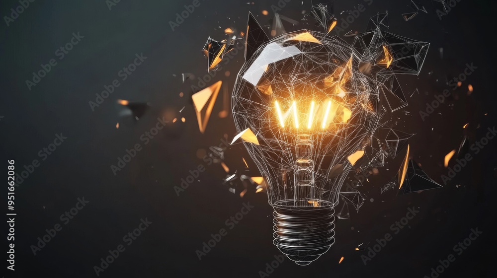 Poster digital light bulb at the moment of destruction, depicted with abstract polygons, lines, and transpa