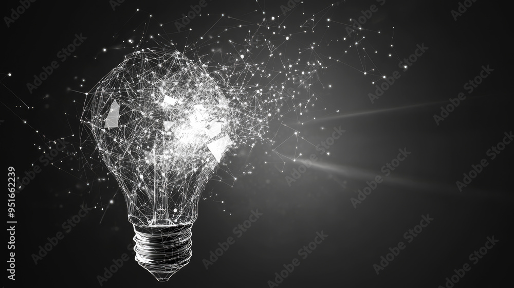 Poster digital light bulb at the moment of destruction, depicted with abstract polygons, lines, and transpa