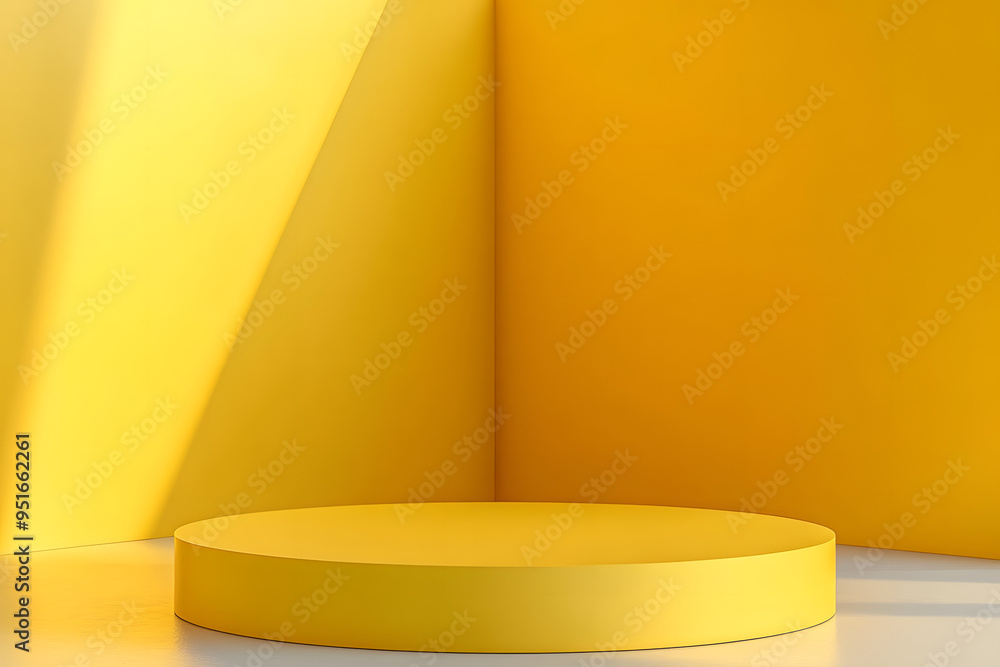 Poster empty room interior design or yellow pedestal display on vivid background with blank stand. blank st