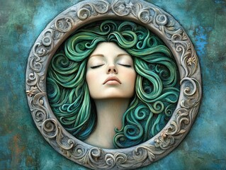 Sculpted Portrait of a Woman with Green Hair.