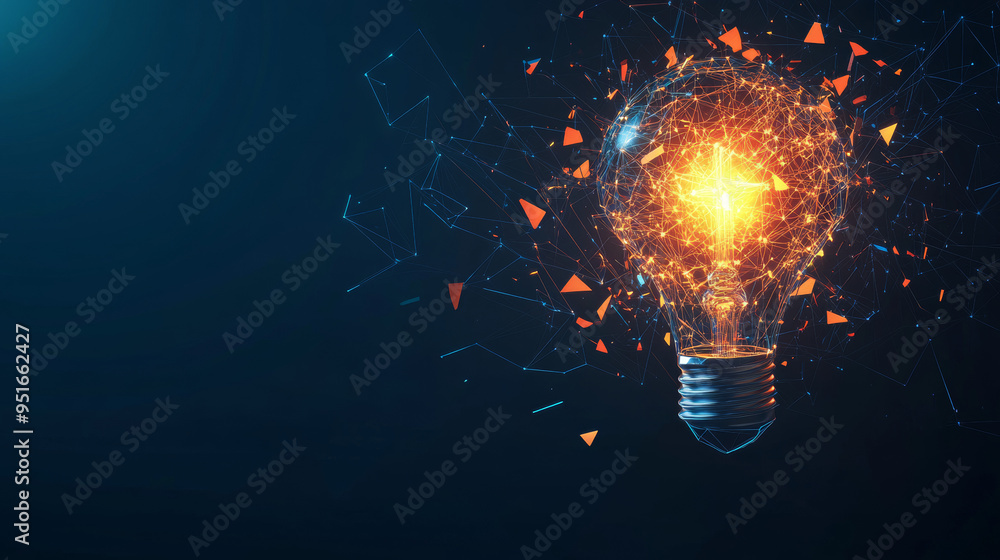 Poster digital light bulb at the moment of destruction, depicted with abstract polygons, lines, and transpa