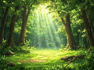 Obraz premium Sunbeams Through Lush Green Forest Trees, Sunlight Through Foliage, Woodland Path, Nature Background