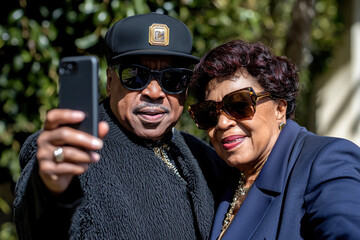 Elderly Couple's Selfie Moment in the Park. An elderly Black couple enjoying a sunny day, taking a selfie with a smartphone, showcasing joyful expressions and stylish sunglasses.
