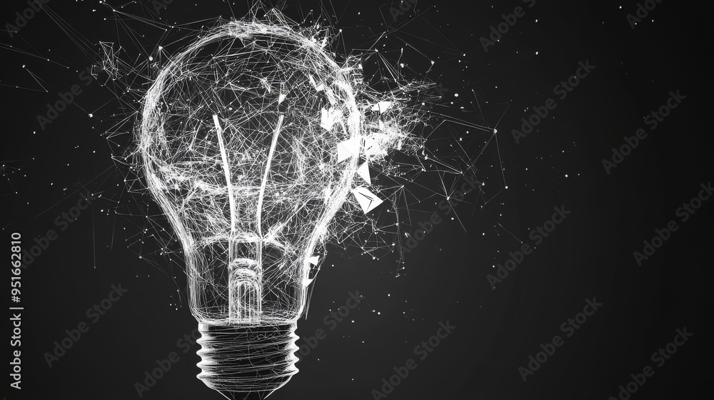 Poster digital light bulb at the moment of destruction, depicted with abstract polygons, lines, and transpa