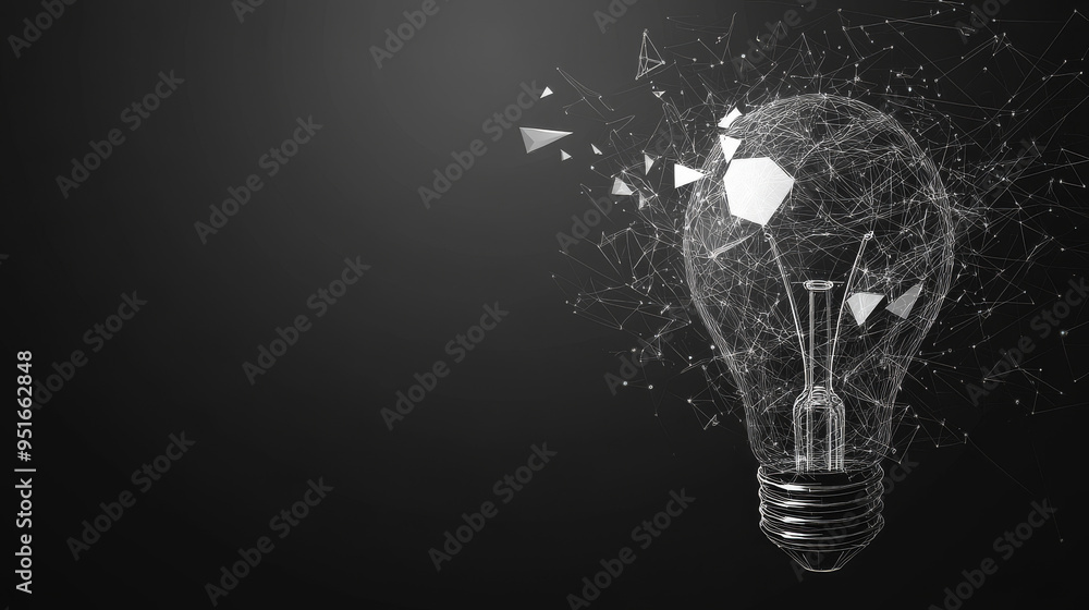 Poster digital light bulb at the moment of destruction, depicted with abstract polygons, lines, and transpa