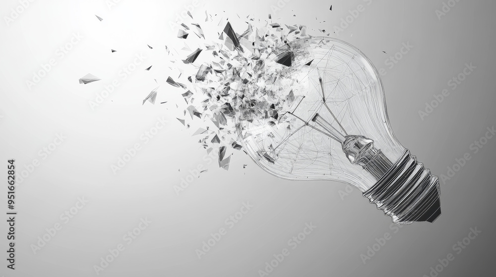Poster digital light bulb at the moment of destruction, depicted with abstract polygons, lines, and transpa