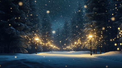 snow falling at night in a snowy dark forest with lights and stars