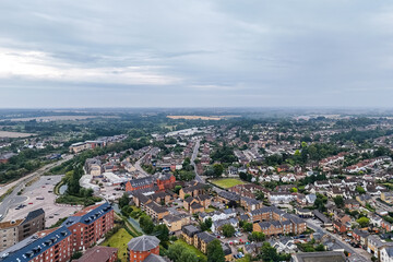 Aerial drone shot over the town of Bishops Stortford in England