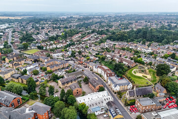 Aerial drone shot over the town of Bishops Stortford in England